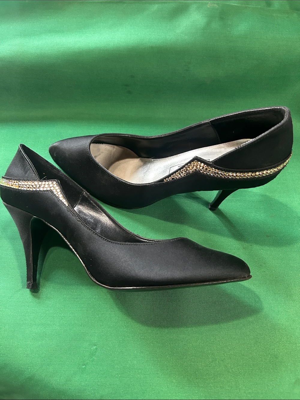 Vintage! Luxury Black Satin Pumps with Rhinestone trim. Size 7.5 from Mervyns.